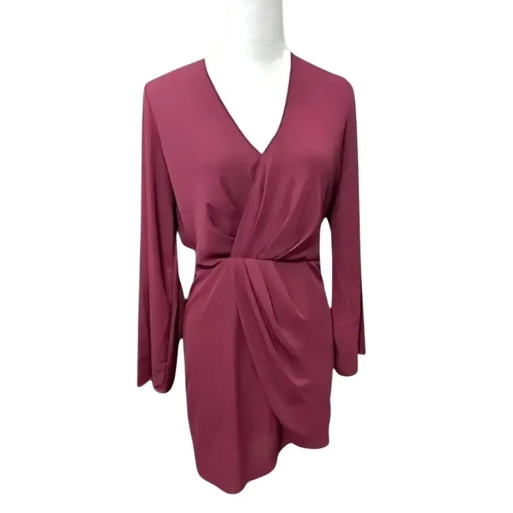 Krisa Sheath Dress Pleated Flare Sleeve Surplice Neckline Wrap Zip Red Women’s S